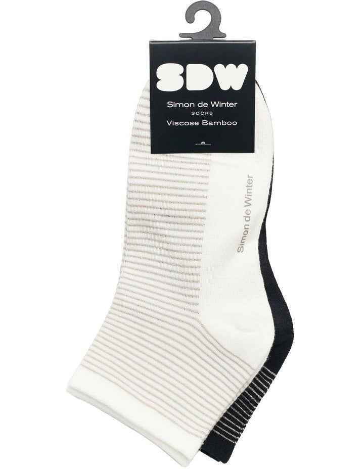 2 Pack Bamboo Metallic Rib Quarter Crew Socks in Ivory/Black