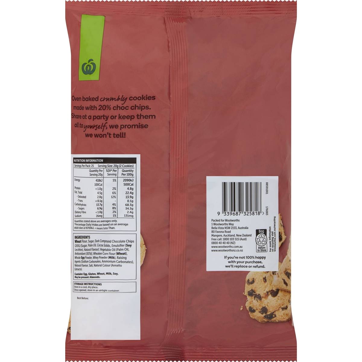 Woolworths Choc Chip Cookies 500g