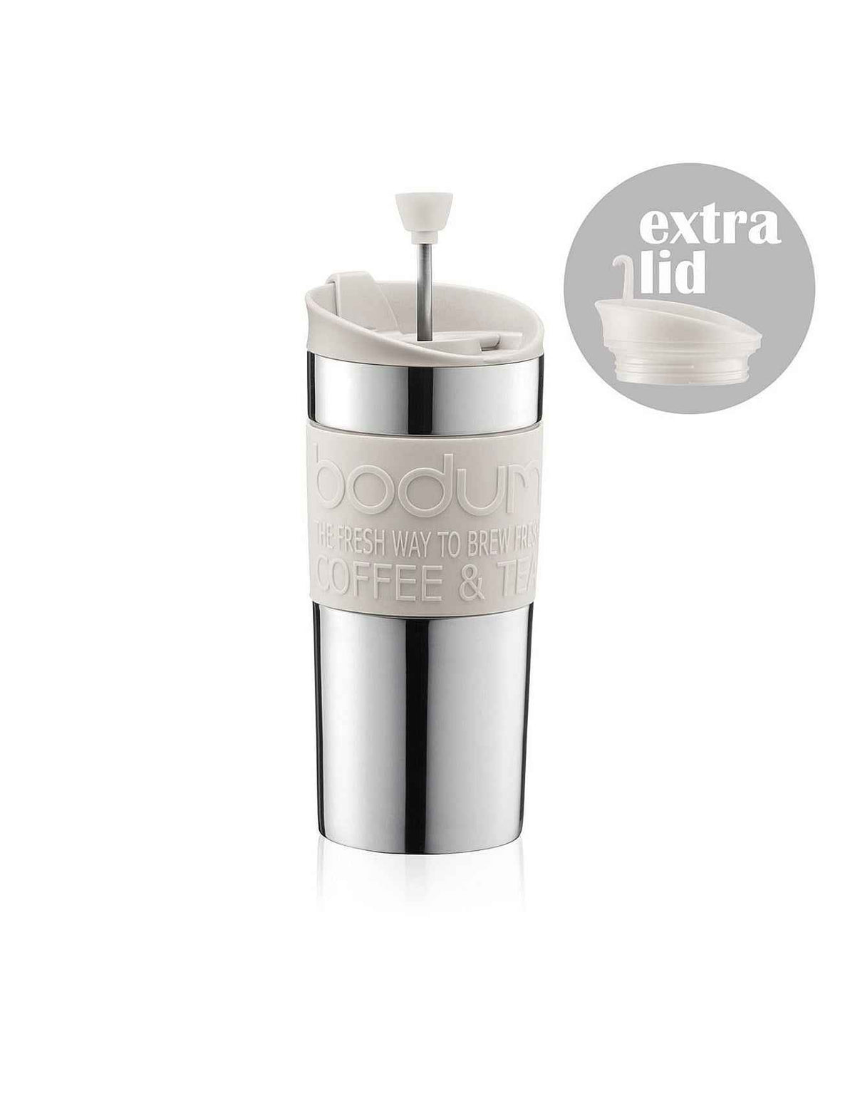 TRAVEL PRESS SET COFFEE MAKER W EXTRA LID 350ML SS WHITE