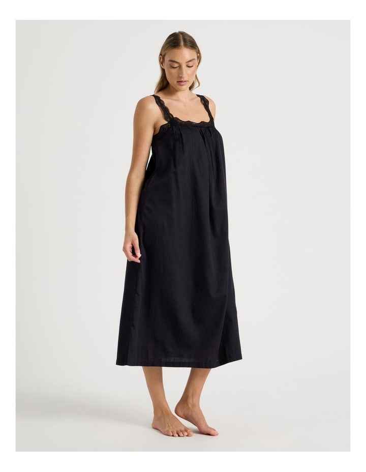 Divine Cotton & Lace Long Chemise in Black