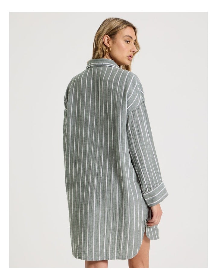 Divine Cheesecloth Oversized Night Shirt in Olive Stripe