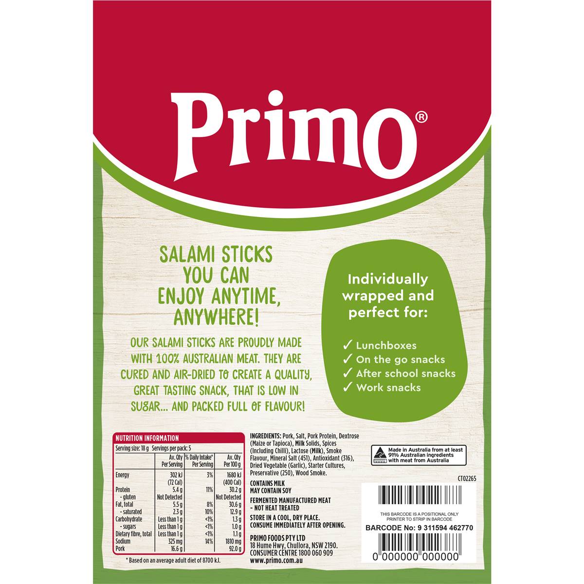 Primo Air - Dried Salami Sticks Mild Pepperoni 5 Pack