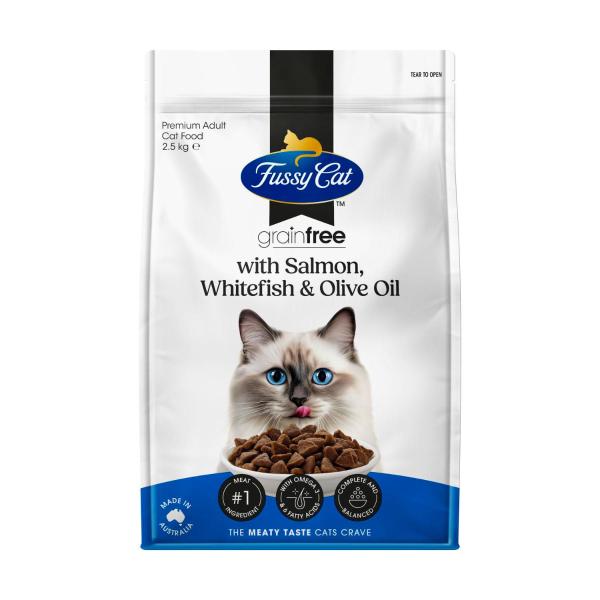 FUSSY CAT GRAIN FREE ADULT DRY CAT FOOD WITH SALMON- WHITEFISH & OLIVE OIL 2.5 KG