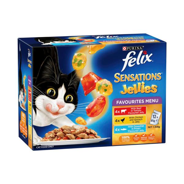 FELIX ADULT SENSATIONS JELLIES FAVOURITES MENU CAT FOOD 12X85GRAM