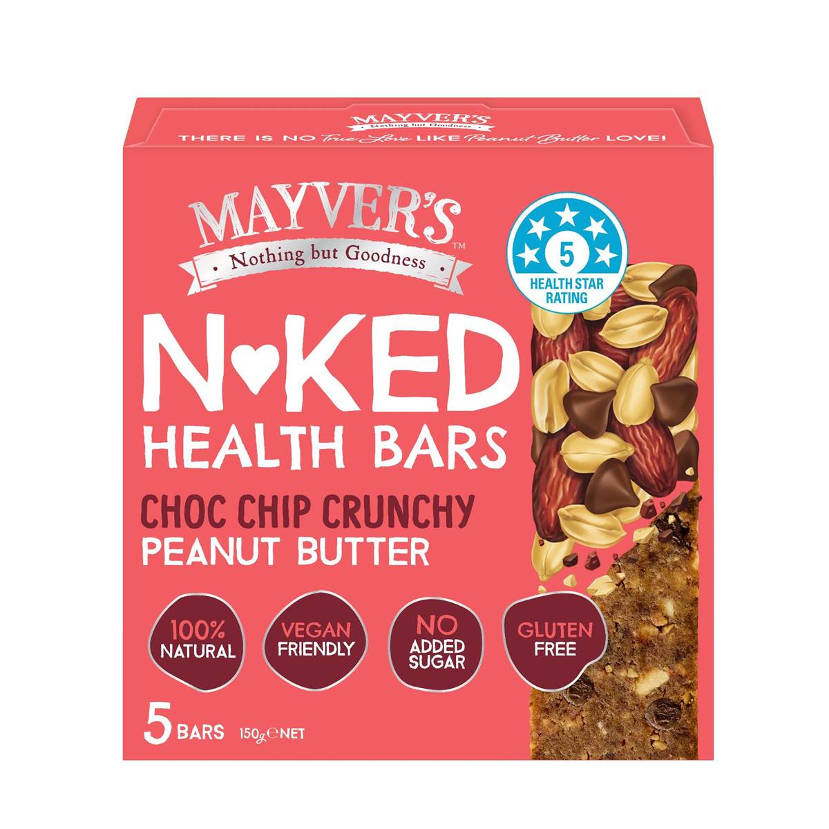 Mayver's Natural Health Bars Choc Chip Crunchy Peanut Butter 5 Pack