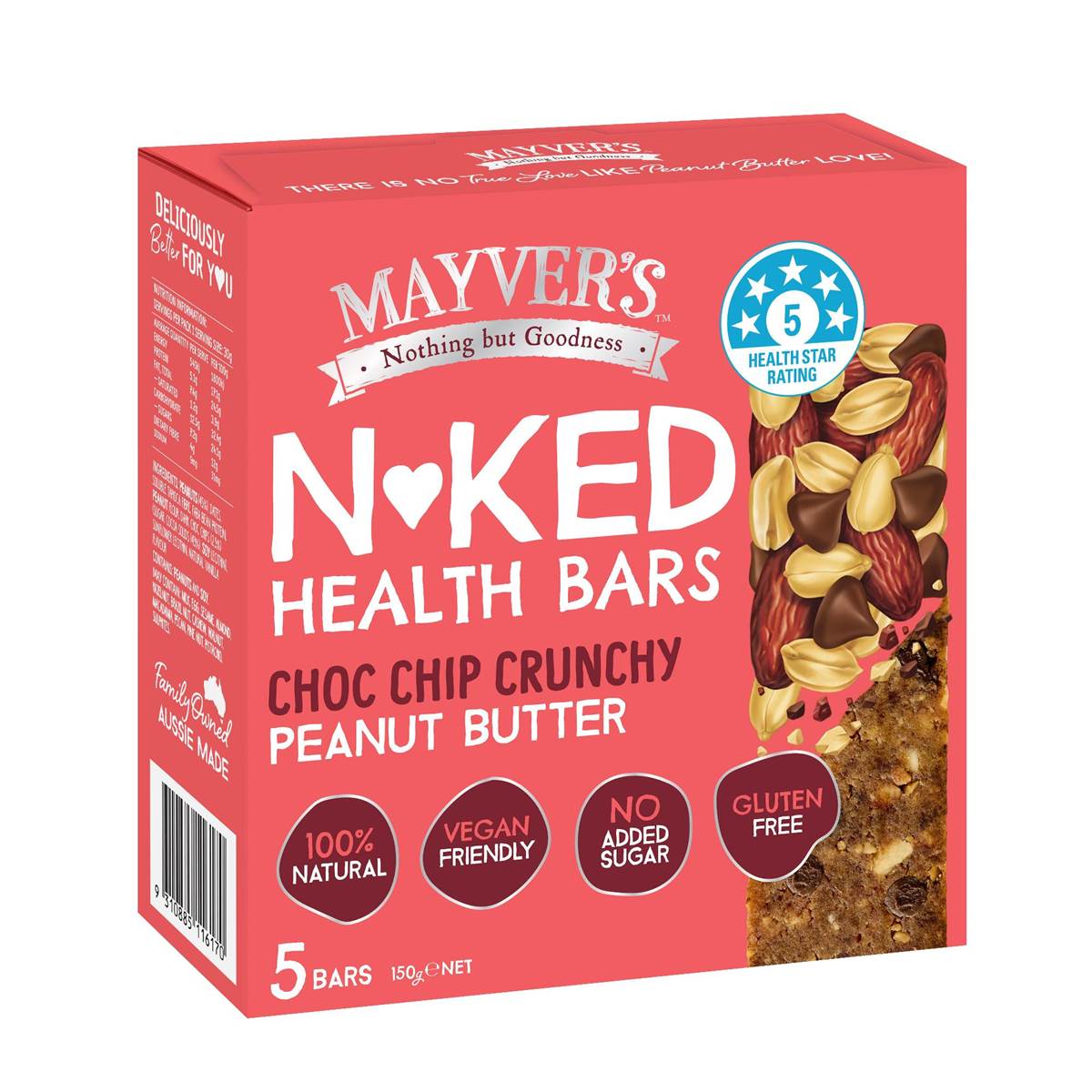 Mayver's Natural Health Bars Choc Chip Crunchy Peanut Butter 5 Pack
