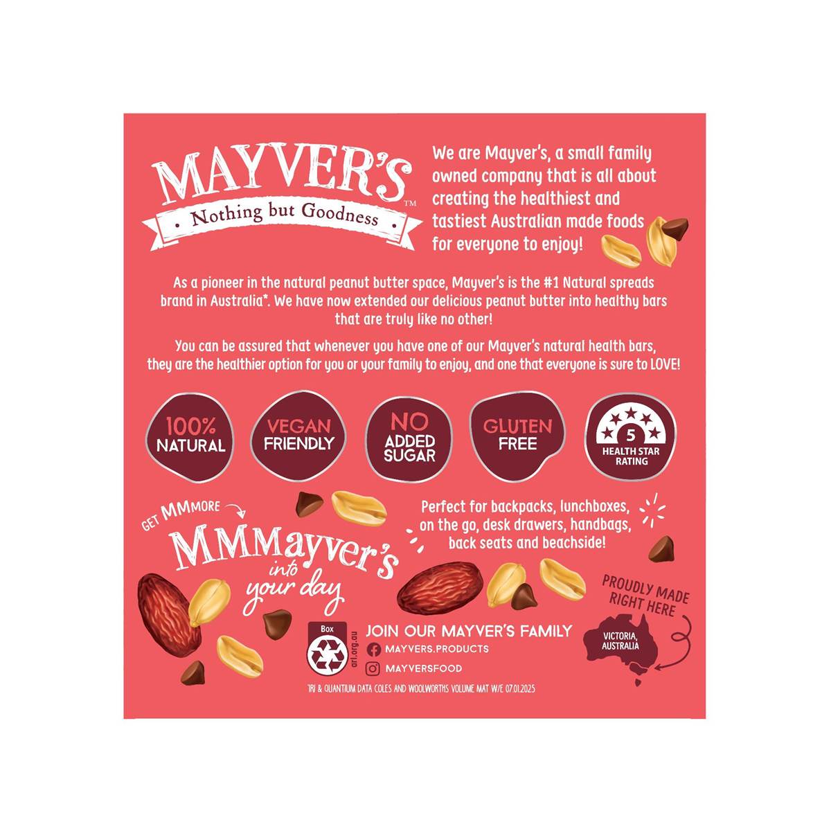 Mayver's Natural Health Bars Choc Chip Crunchy Peanut Butter 5 Pack