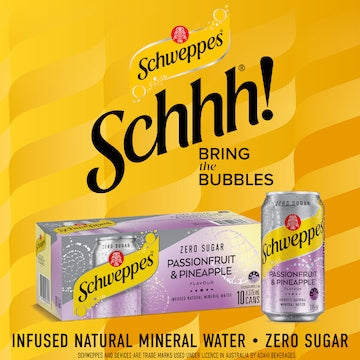 Schweppes Zero Sugar Sparkling Mineral Water Passionfruit Pineapple 375mL x 10 pack