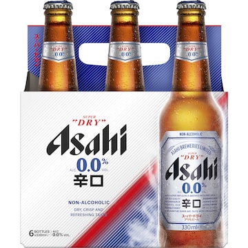 Asahi Super Dry 0% Non Alcoholic Beer Glass Bottles 330mL x 6 pack