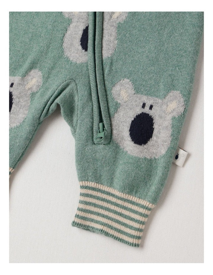 Naturals Newborn Billie Double Knit Koala Jacquard Coverall in Green