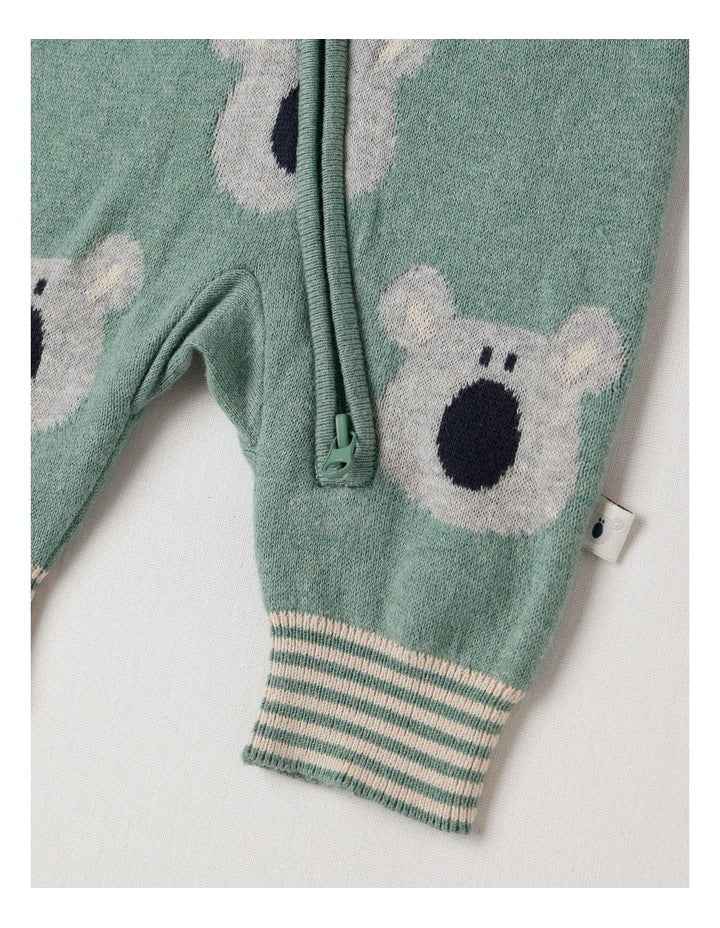Naturals Newborn Billie Double Knit Koala Jacquard Coverall in Green