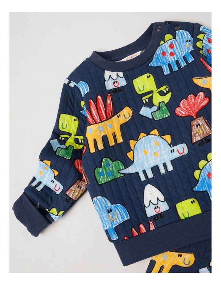 Ellis Quilted Pyjama Set with Crayon Dino Print in Navy