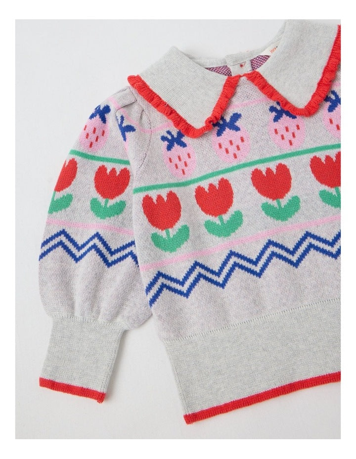Maeve Strawberry Jumper with Ruffle Collar in Grey Marle