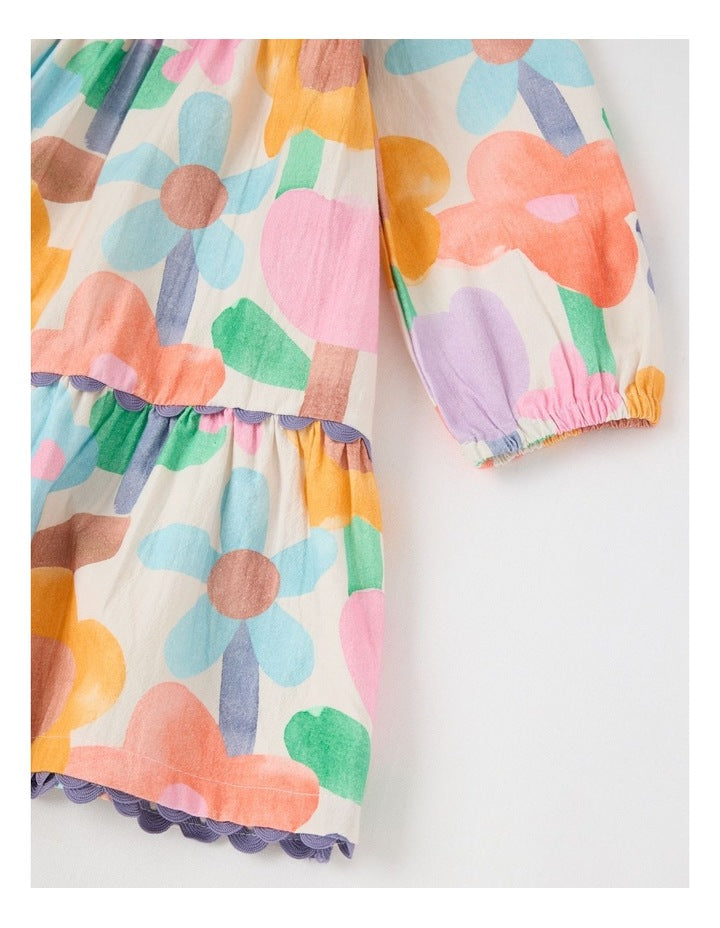Libby Cotton Crepe Dress with Watercolour Floral Print and Ric Rac Trim in Assorted
