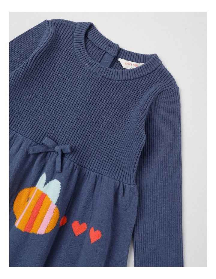 Kat Knitted Dress with Intarsia Flowers in Navy