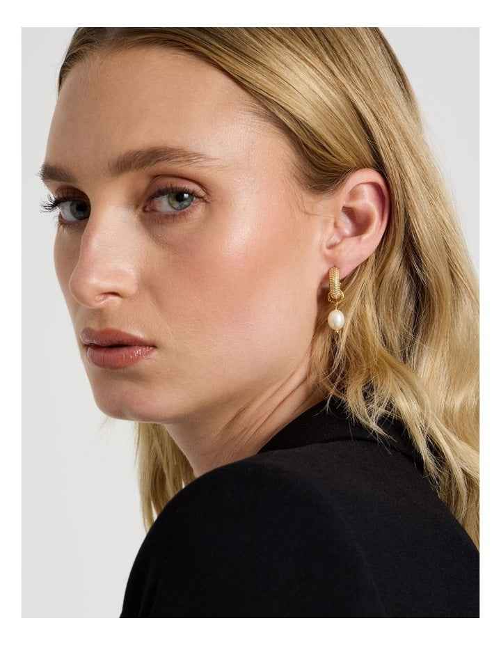 Textured Pearl Hoops in Gold
