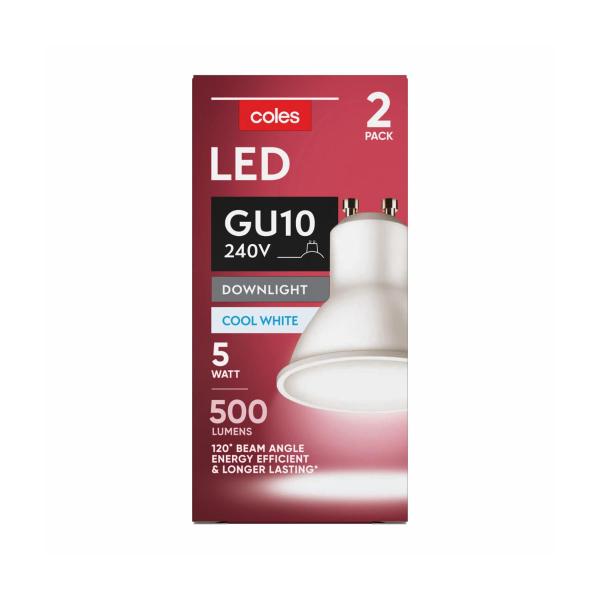 COLES LIGHT GLOBES LED GU10 500LUM 4000K 5W:2 PACK
