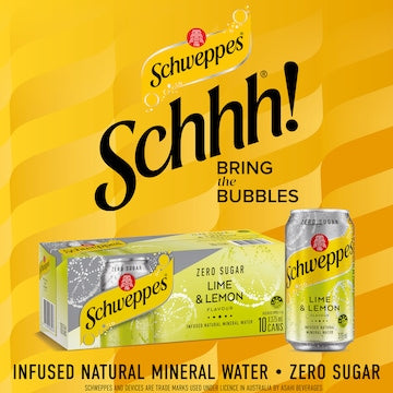 Schweppes Zero Sugar Lime & Lemon Sparkling Mineral Water Cans 375mL x 10 pack