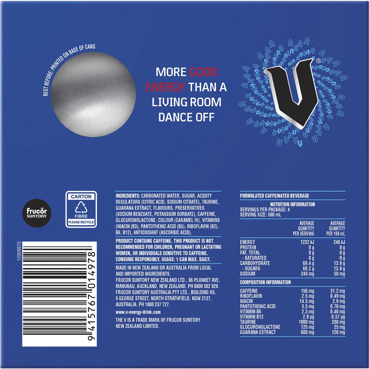 V Energy Blue Energy Drink Cans 500ml x 4 Pack