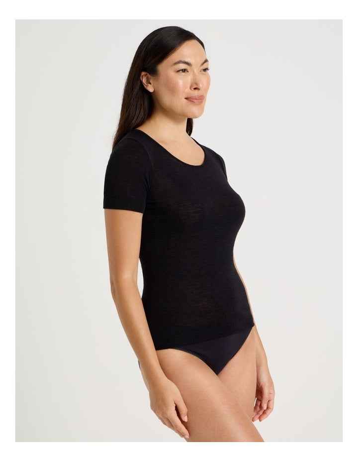 Soho Body Layer Wool Bamboo Thermal S/S Top USOW26034B in Black