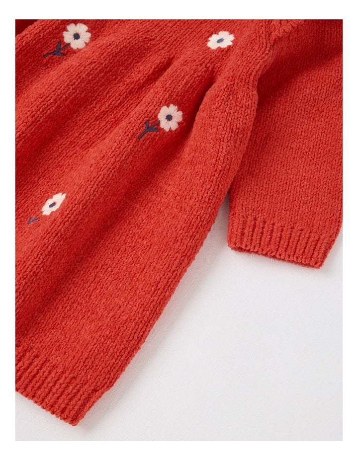 Chenille Daisy Embroidery Dress in Crimson