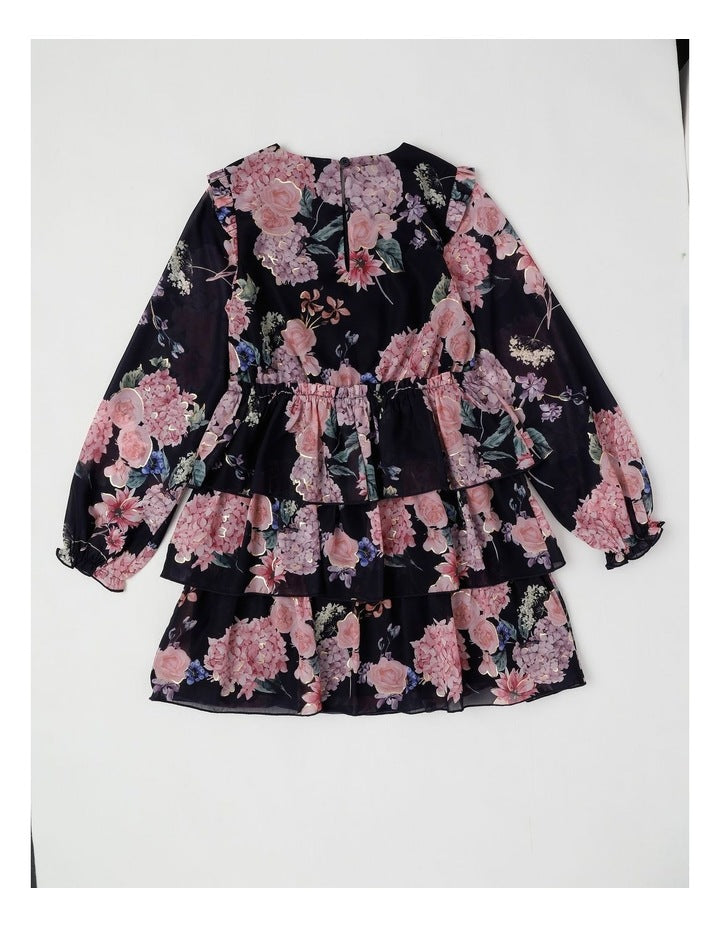 Grace Chiffon Dress with Tiered Skirt in Navy