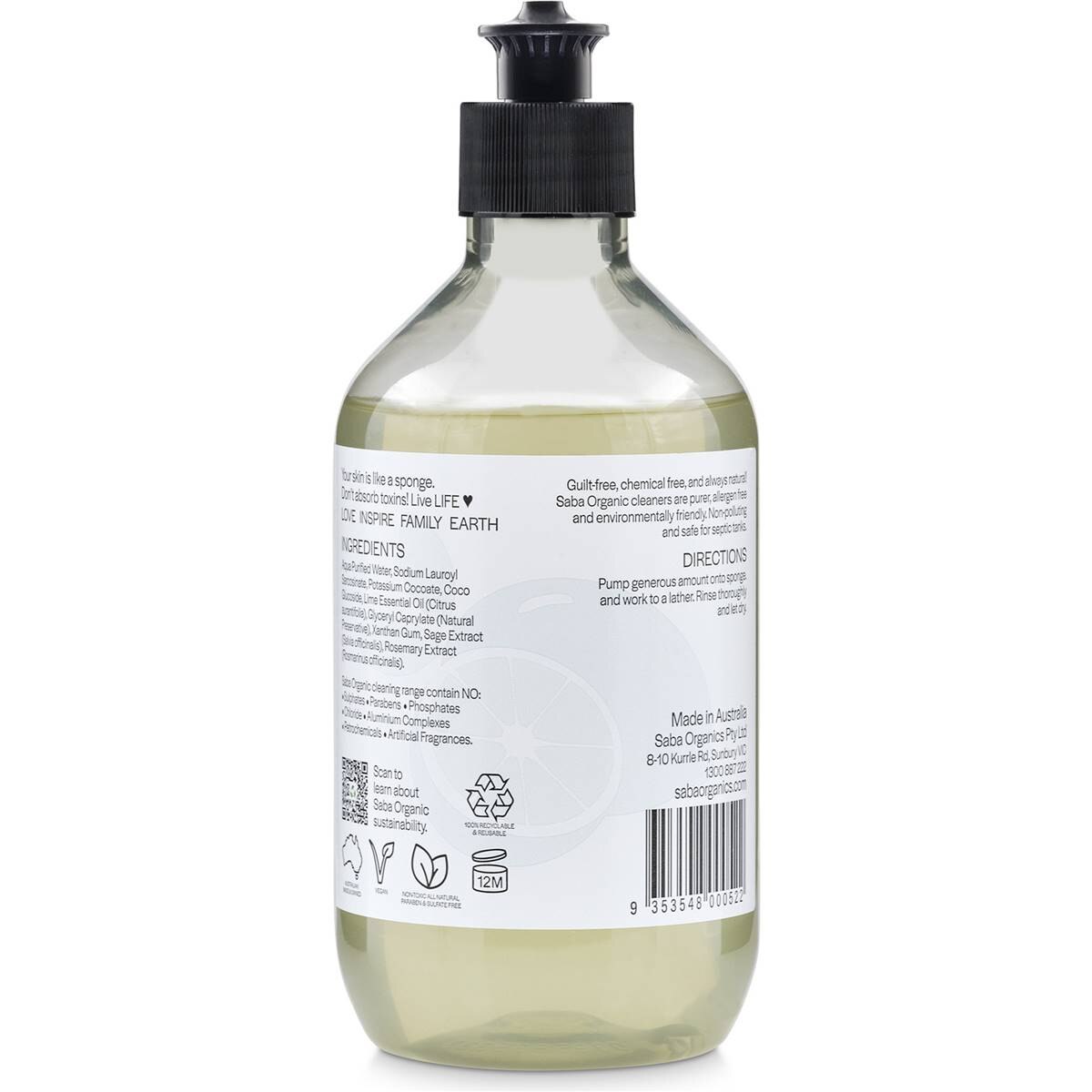 Saba Organics Saba Organic Dishwashing Liquid Lime Blast 500ml