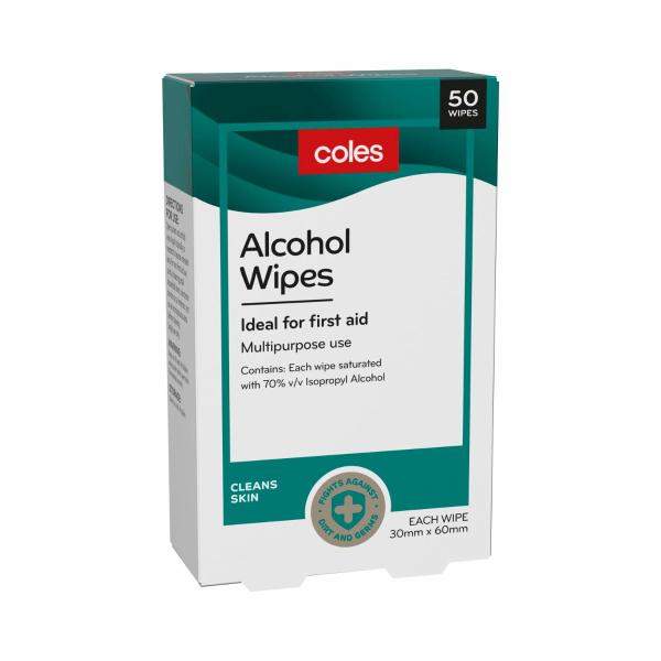 COLES ALCOHOL WIPES 50 PACK