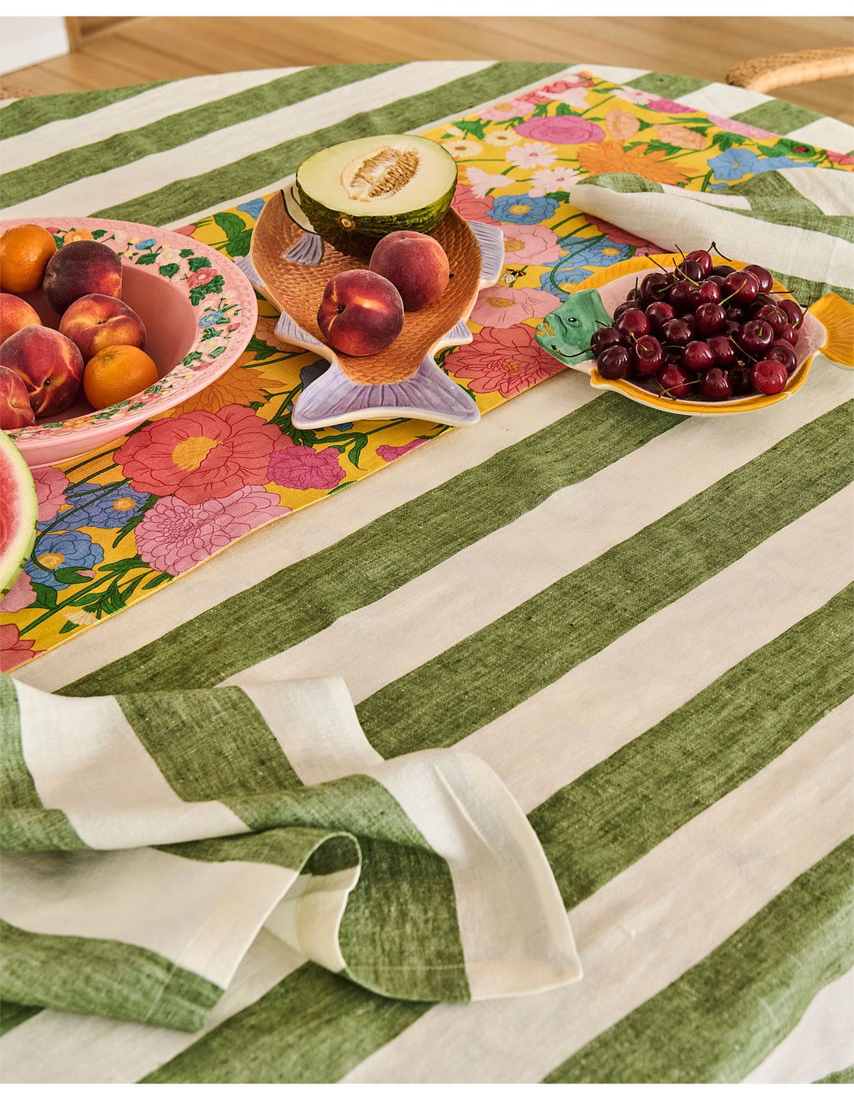 Moss Stripe 145cm x 270cm French Flax Linen Tablecloth Green Stripe