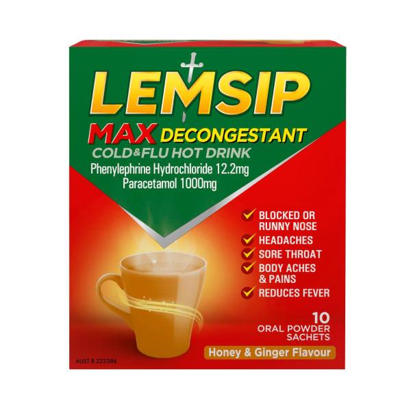 LEMSIP MAX DECONGESTANT HONEY & GINGER SACHETS 10PACK