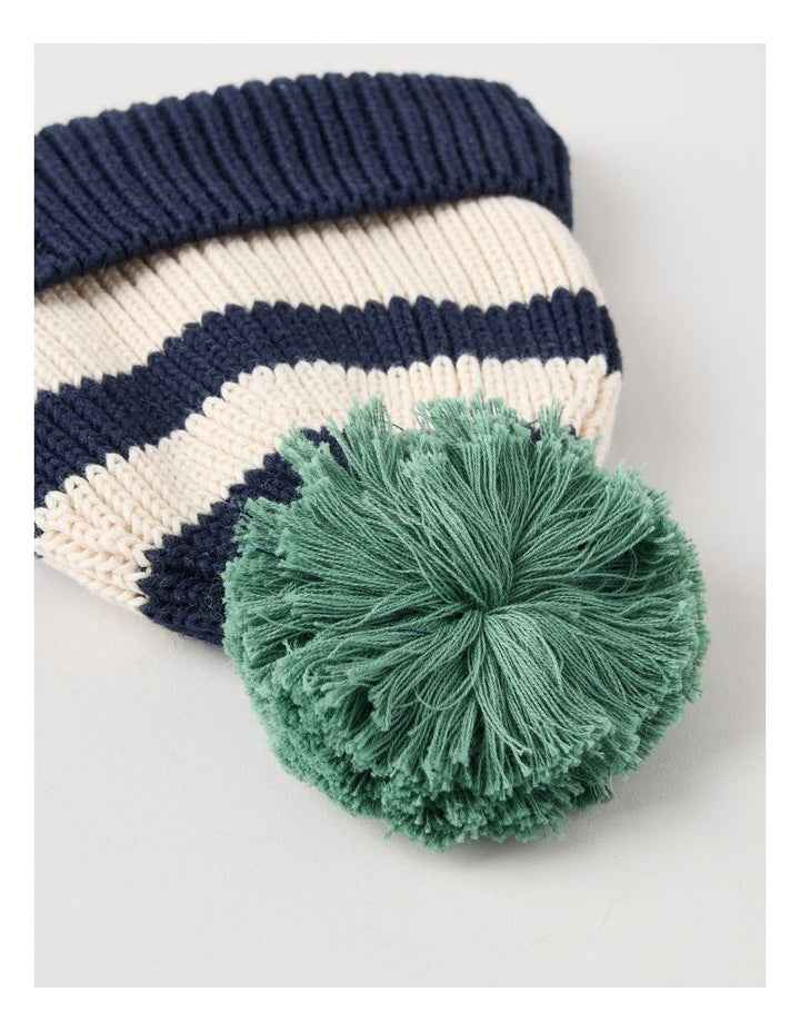 Striped Beanie with Dino Embroidery in Navy