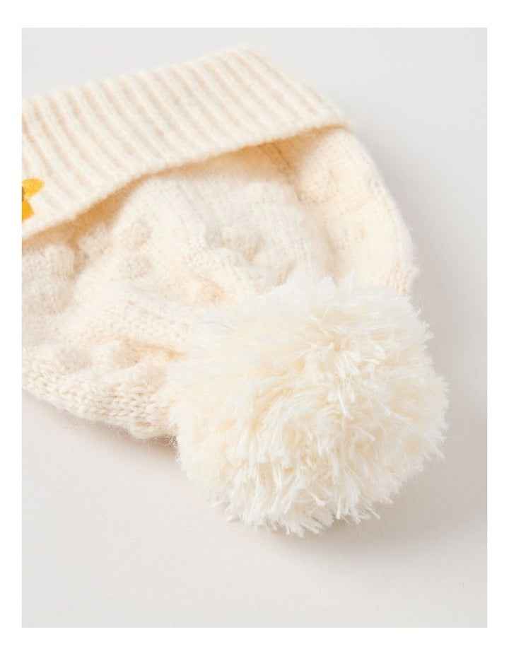 Pointelle Beanie with Embroidery in Oat Marle