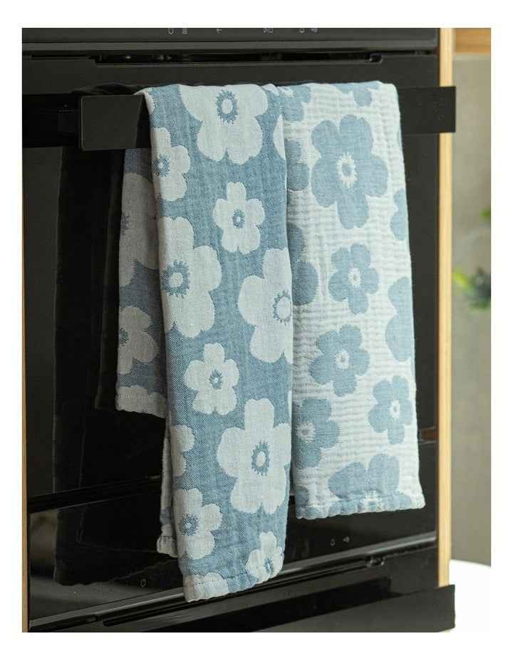 Jacquard Flower Kitchen Towel 2 Pack in Blue