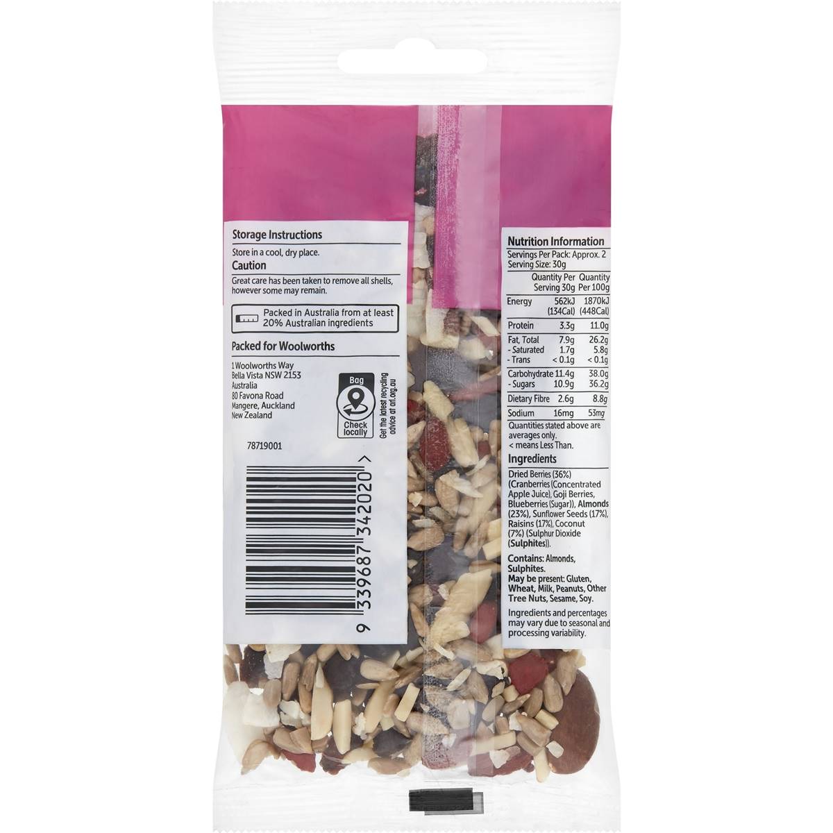 Woolworths Berry Mix With Nuts & Seeds Sweet 70g