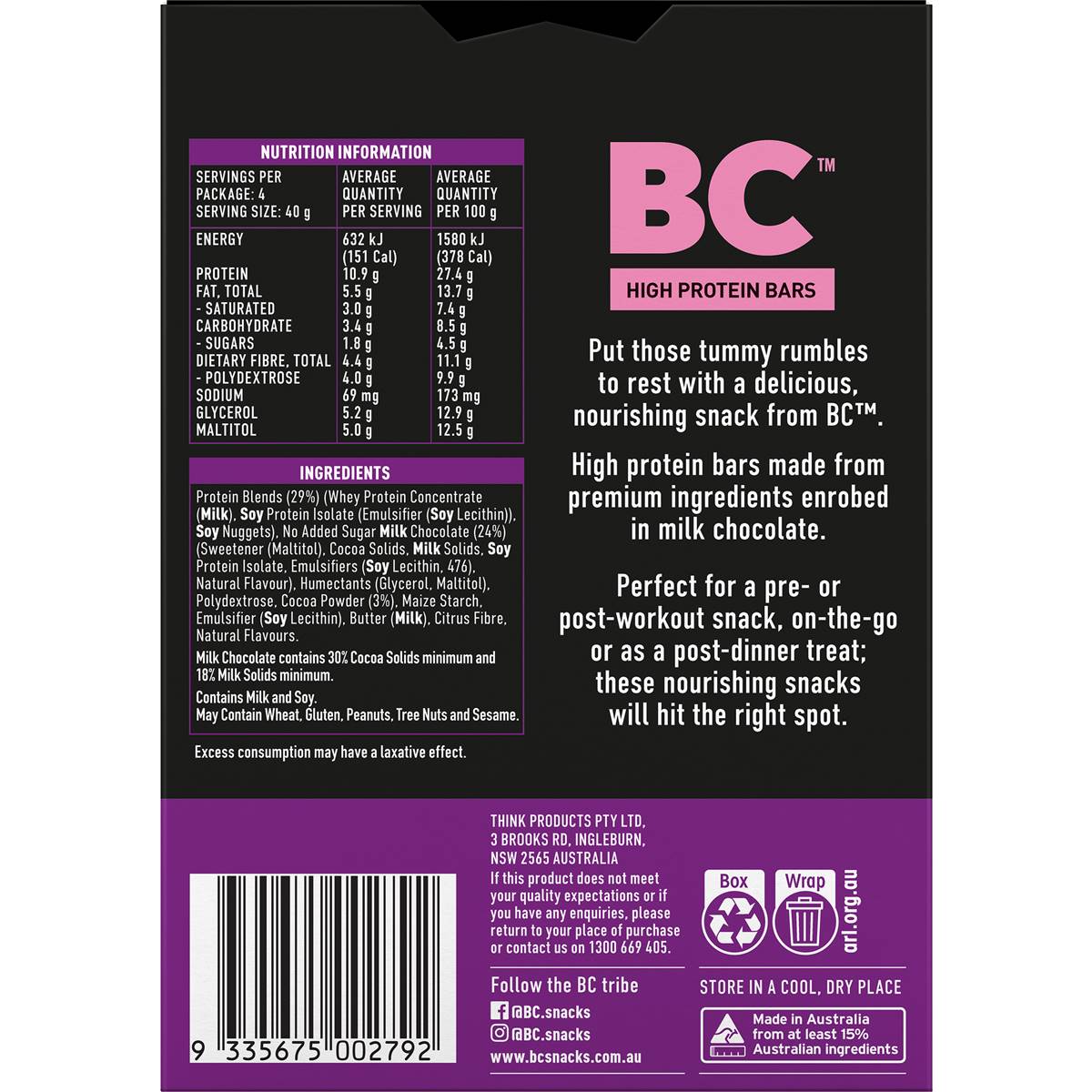 BC Snacks High Protein Bars Chocolate Brownie Crunch 4 Pack