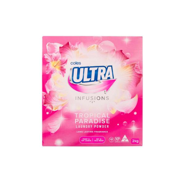 COLES ULTRA INFUSIONS LAUNDRY POWDER TROPICAL PARADISE TOP & FRONT 2KG