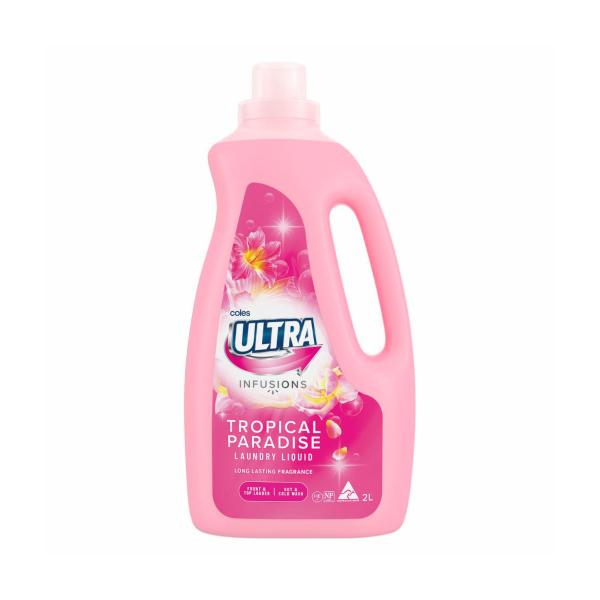 COLES ULTRA INFUSIONS TROPICAL PARADISE LAUNDRY LIQUID TOP & FRONT 2L