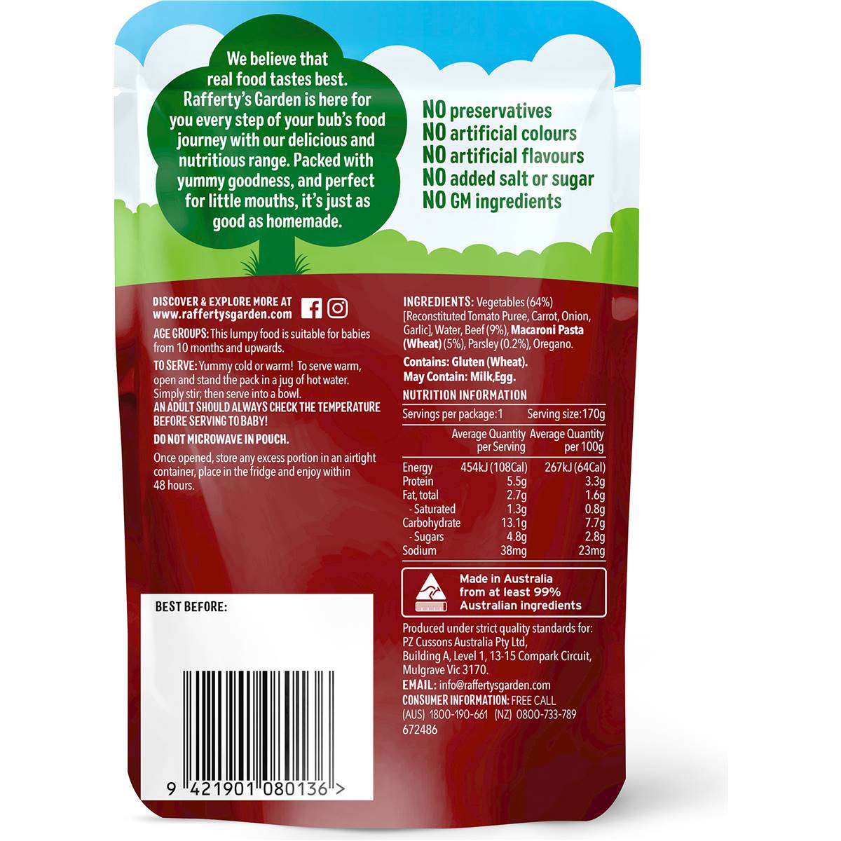 Rafferty's Garden Baby Food Pouch Beef Bolognese & Macaroni 10+ Months 170g