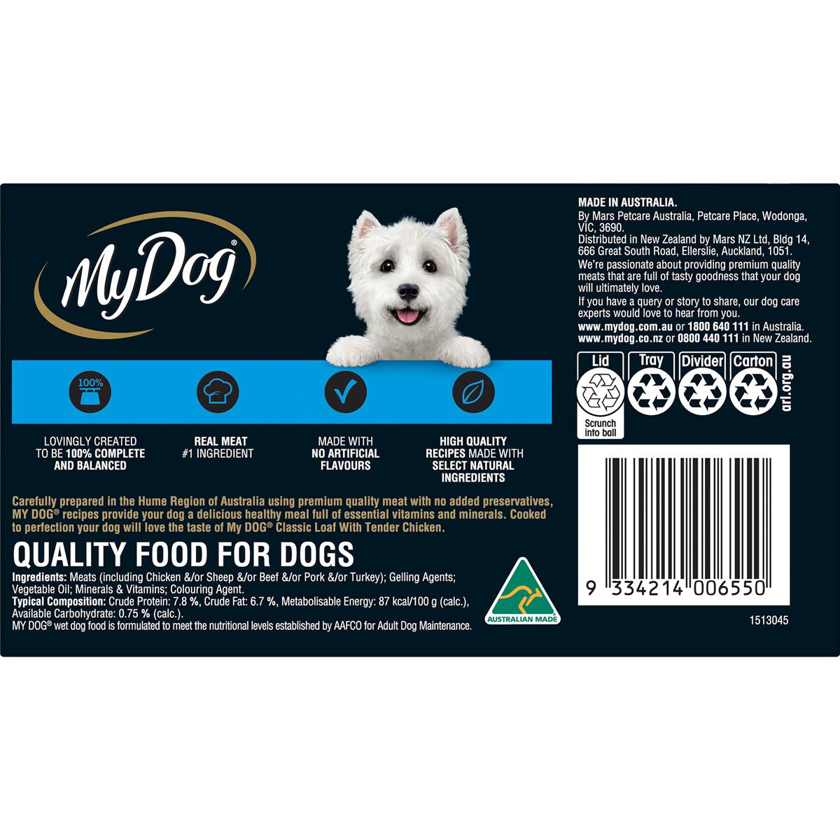 My Dog Adult Wet Dog Food Classic Loaf with Tender Chicken Trays 100g x 6 pack