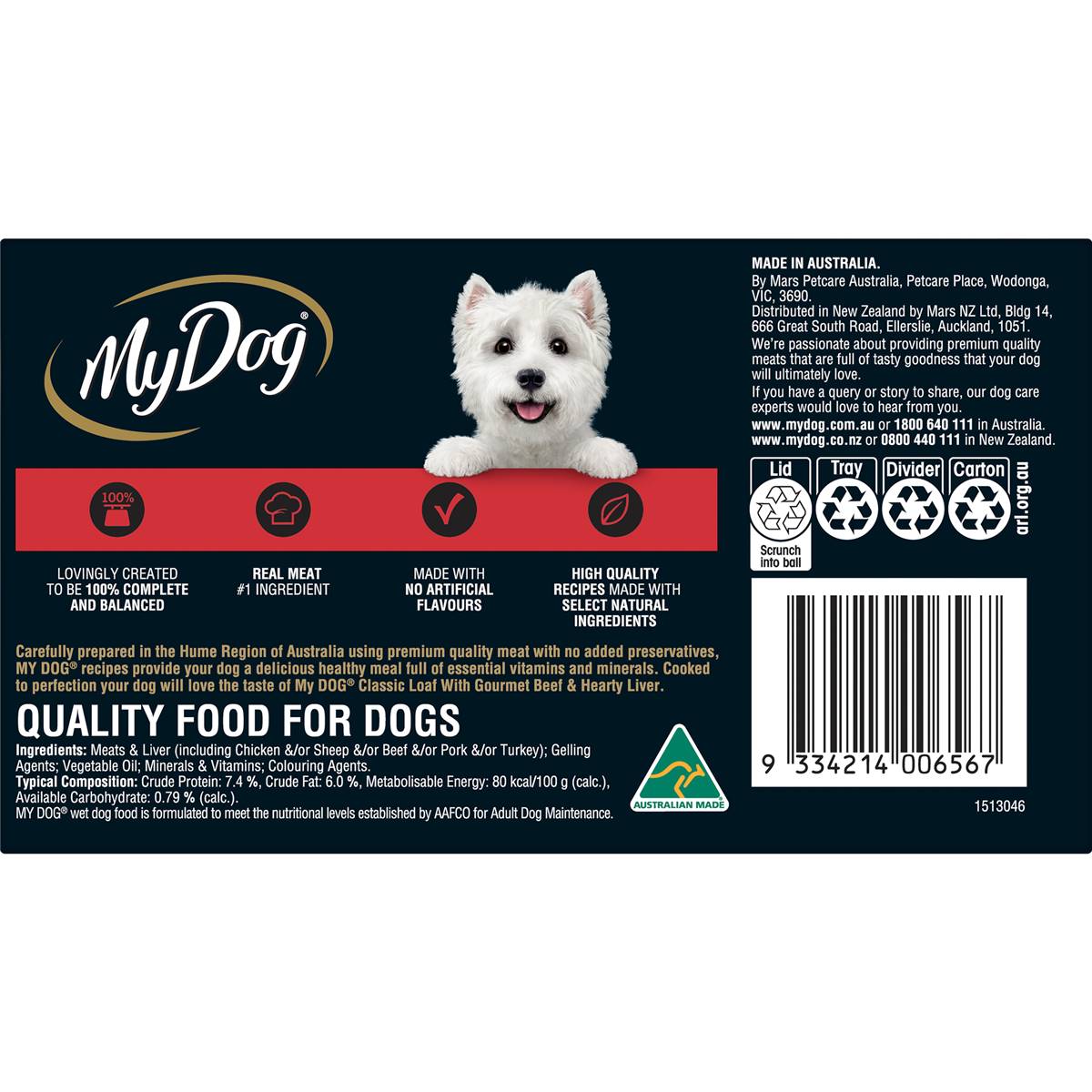 My Dog Beef And Liver Loaf Classics Wet Dog Food Trays 100g x6 Pack