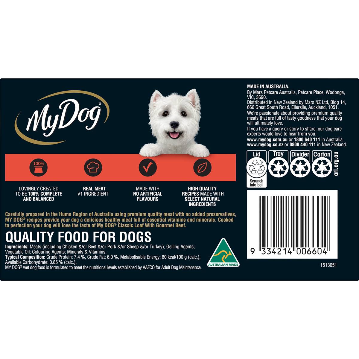 My Dog Adult Wet Dog Food Classic Loaf with Gourmet Beef Trays 100g x 6 pack