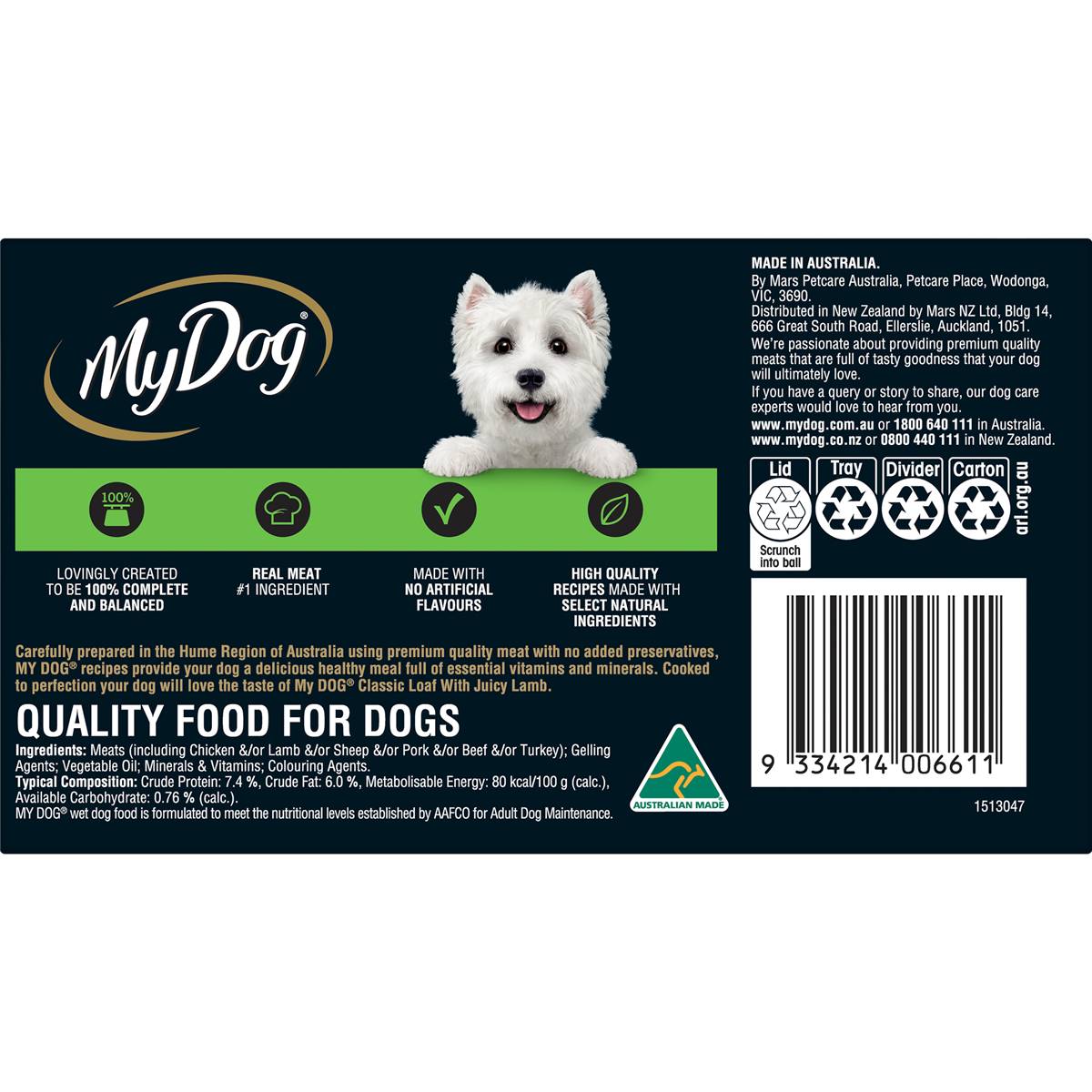 My Dog Adult Wet Dog Food Classic Loaf with Juicy Lamb Trays 100g x 6 pack