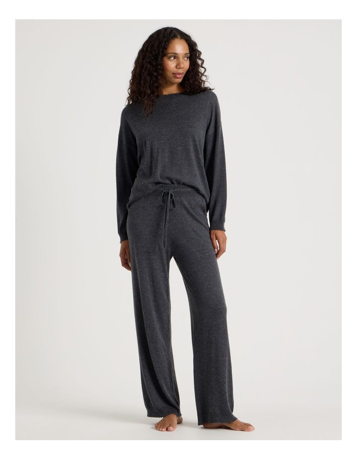 Cosy Scallop Edge Knit Wide Leg Pant in Charcoal Marle