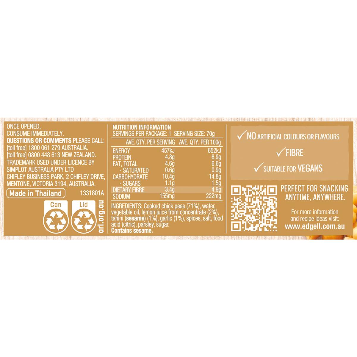 Edgell Snack Time Chickpeas With Lemon, Tahini & Garlic 70g