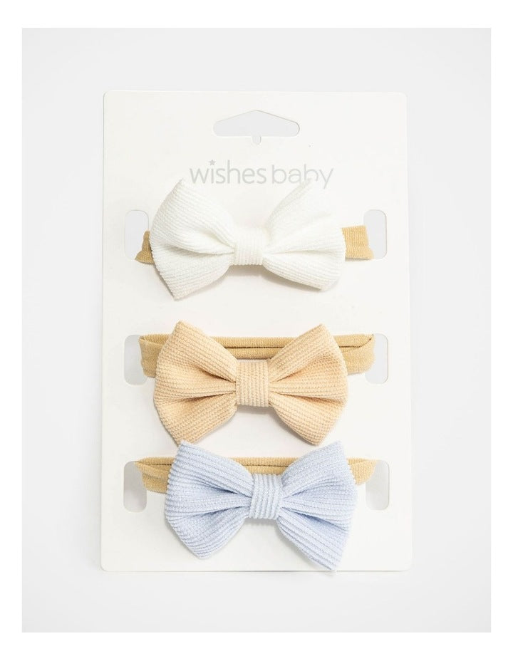 Wishes Baby 3 Pack Ribbed Bow Headbands - White, Beige & Blue