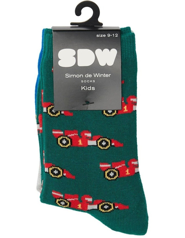 Kids Patterned Crew Socks 3 Pack in Green/Blue