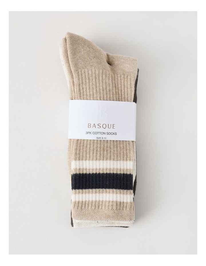 3 Pack Sports Crew Socks in Oat & Pumice Stripe