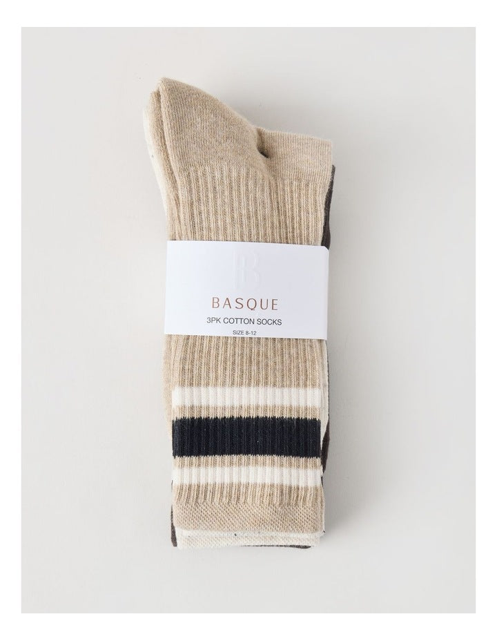 3 Pack Sports Crew Socks in Oat & Pumice Stripe