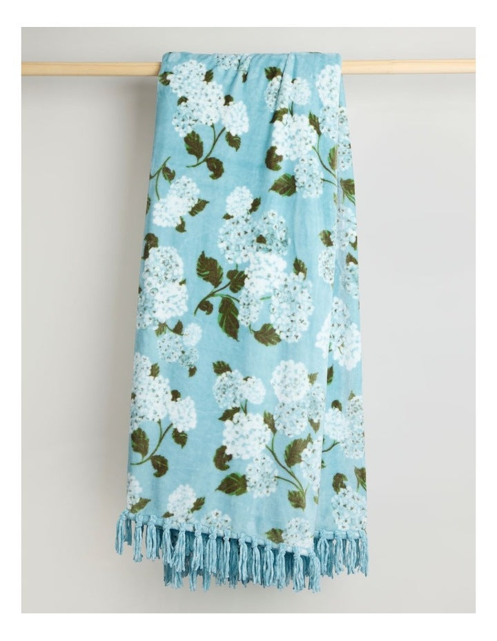 Chenille Fringe Blanket in Blue Floral Print