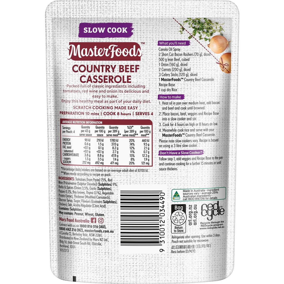 MasterFoods Country Beef Casserole Slow Cook Recipe Base 175g